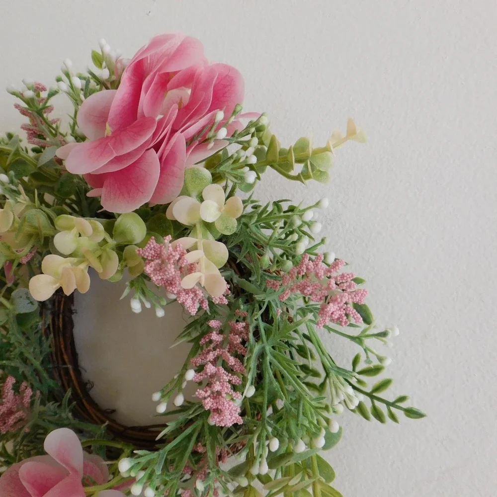 Pink Hydrangea Mini Wreath, Candle‎ Ring, Cottagecore, Farmhouse, Spring Summer